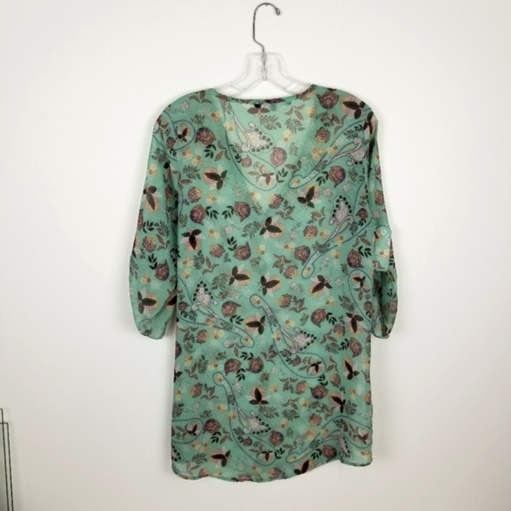 19 Cooper green sheer tunic floral v-neck 3/4 tab sleeves fairy girl coquette M - Picture 4 of 8